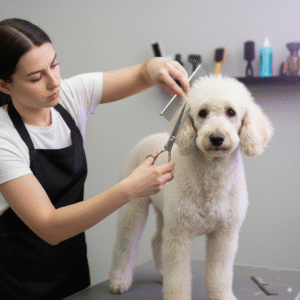 Groomer cortando el pelo a un perro en nivel intermedio