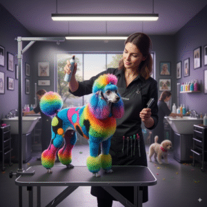 Poodle con corte creativo en curso avanzado de peluquería canina